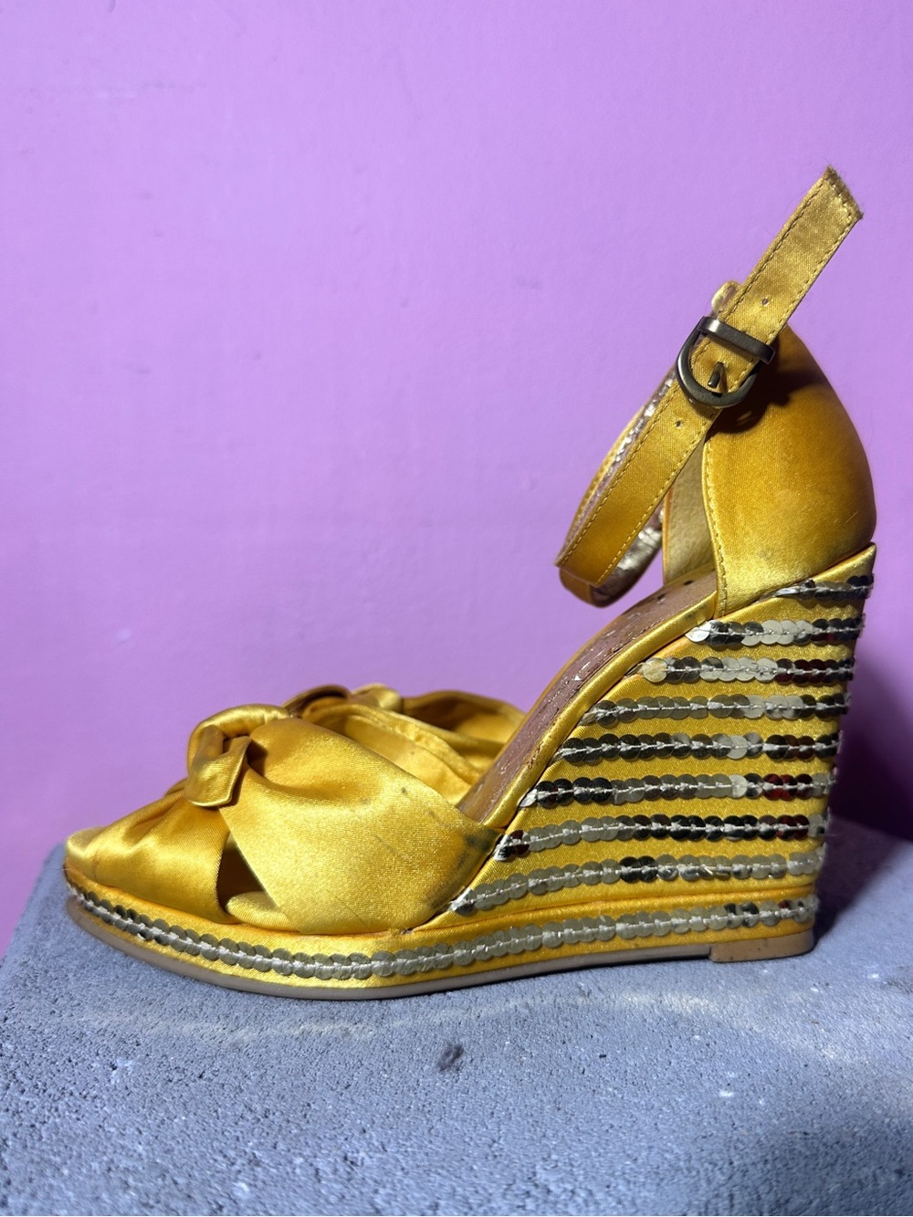 Y2K BCBGirls Golden Satin Knot Wedge Sandals with Ankle Strap